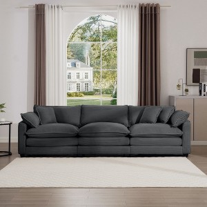 Mid-Century Modern Sofa 3-Seater Sectional Sofa with 2 Arm Pillows and 3 Throw Pillows, Light Beige Corduroy Fabric - 1 of 4