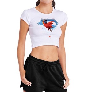 Women's Superman 2025 Superman Lois Shield Cap Sleeve Baby Rib Crop Top - 1 of 4