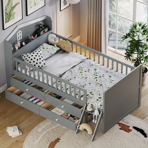 Twin Size Platform Bed Frame, Wooden Storage Bed Frame for Kids with 4 Drawers, Guardrail, and Ladder -ModernLuxe - 1 of 4