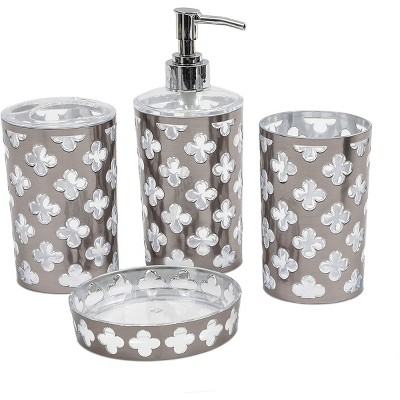 Juvale 4 Pack Bathroom Accessories Set, Includes Soap Dispenser, Toothbrush Holder, Cup & Soap Dish, Silver