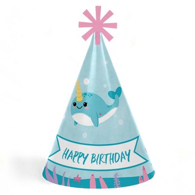 Big Dot of Happiness Narwhal Girl - Cone Happy Birthday Party Hats for Kids and Adults - Set of 8 (Standard Size)