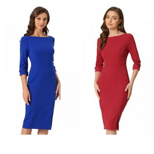 INSPIRE CHIC Women's Elegant Boat Neck 3/4 Sleeves Work Midi Split Sheath Dress 2 Packs - 1 of 4