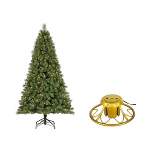 Home Heritage 7 Foot PreLit Artificial Cascade Pine Christmas Holiday Tree and Golden Metal Reliable Rotating Stand with On/Off Switch