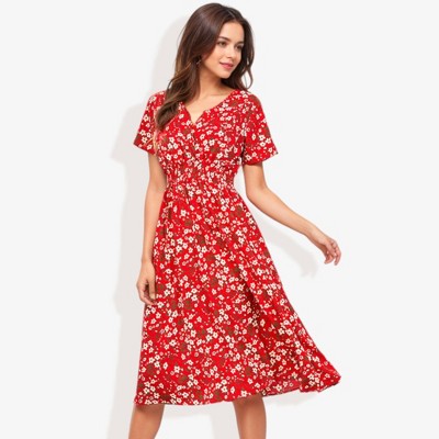 Anna-Kaci Women's Cross Front Bright Floral Print Short Sleeve Smocked Waist Flared Dress