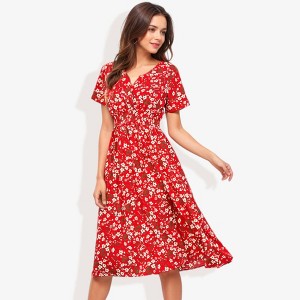 Anna-Kaci Women's Cross Front Bright Floral Print Short Sleeve Smocked Waist Flared Dress - 1 of 4