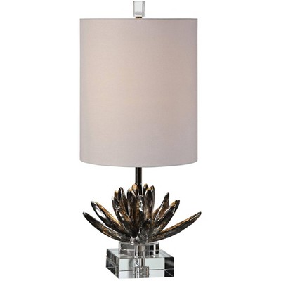 Antique Metallic Silver Lotus Table Lamp with White Linen Shade