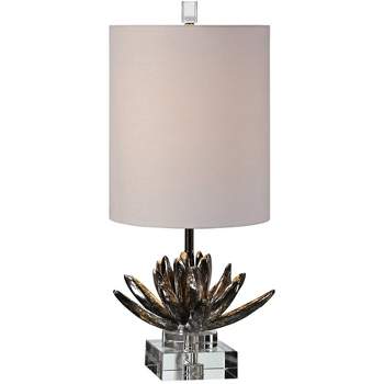 Uttermost Traditional Table Lamp 25" High Antiqued Metallic Silver Lotus White Linen Drum Shade for Living Room Bedroom Bedside