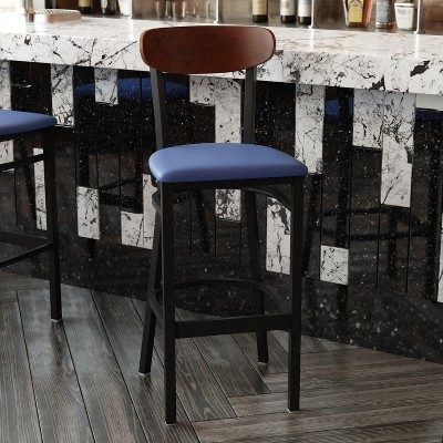 Wright 59'' Blue and Walnut Modern Commercial Barstool with Steel Frame