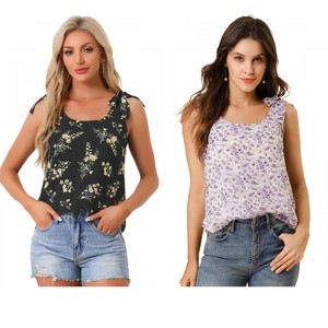INSPIRE CHIC Women's Sleeveless Casual Bow Tie Decor Strap Chiffon Floral Tank Tops 2 Packs - 1 of 4