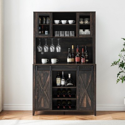 70 Inch Tall Wine Bar Cabinet,Modern Wood Fluted Design,Tall Sideboard Buffet with Sliding Barn Door