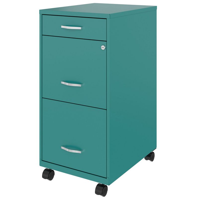 Space Solutions 18 Inch Wide Metal Mobile Organizer File Cabinet for Office Supplies and Hanging File Folders w/ Pencil Drawer & 3 File Drawers, Teal, 3 of 7