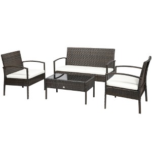 Outsunny Patio Porch Furniture Sets 4-PCS Rattan Wicker Chair w/ Table Conversation Set for Yard,Pool or Backyard Indoor/Outdoor Use - 1 of 4