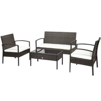 Outsunny Patio Porch Furniture Sets 4-PCS Rattan Wicker Chair w/ Table Conversation Set for Yard,Pool or Backyard Indoor/Outdoor Use