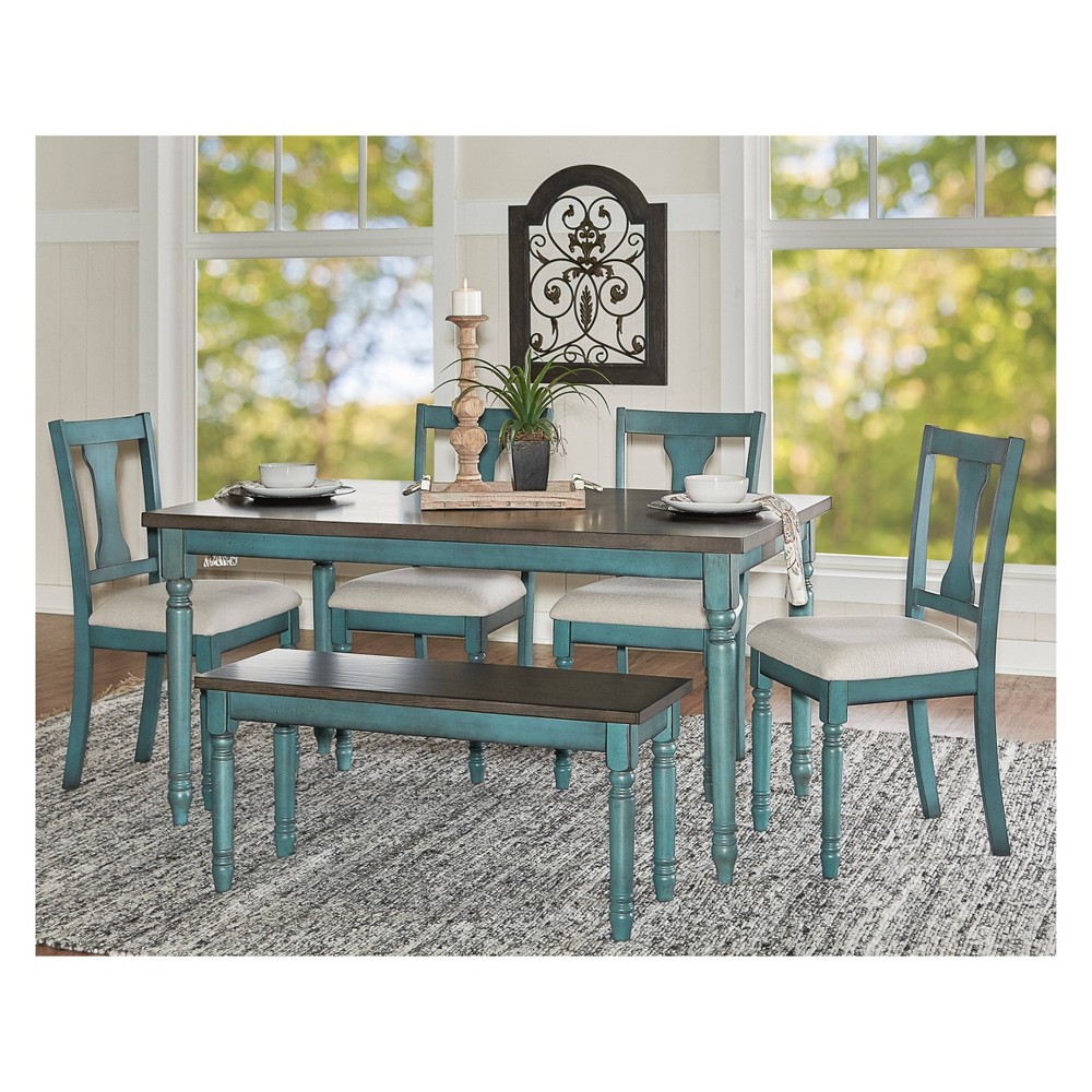 Photos - Dining Table 6pc Reagan Upholstered Chairs and Bench Dining Set Teal - Powell