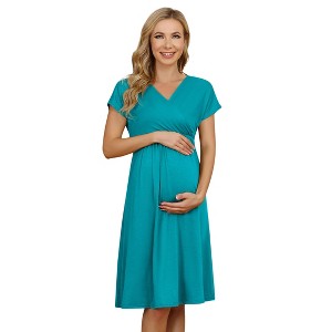 Clearlove 2025 Summer Maternity Nursing Dress Baby Shower Short Sleeves A-line Midi Pregnancy Dress - 1 of 4