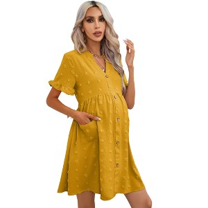 Clearlove Summer Dress Casual Lantern Sleeve V Neck Button Dress Swing Flowy Maternity Dresses - 1 of 4