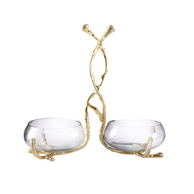 Classic Touch 2 Sectional Glass Relish Dish with Gold Twig Design