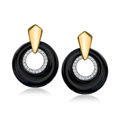 Ross-Simons Onyx and .12 ct. t.w. Diamond Earrings in 18kt Gold Over Sterling