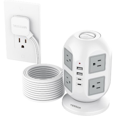 Tower Power Strip,  Surge Protector 10FT Flat Plug Extension Cord with 8 AC Outlets, 4 USB (2 USB-C), Charging Station with for Office & Dorm