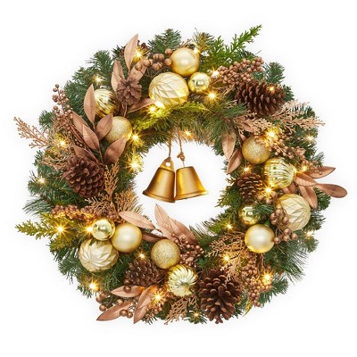 24" Pre-Lit Christmas Wreath for Front Door, Artificial Christmas Wreath with Lights, Xmas Wreath with Pine Cones, Berries, Ball Ornaments and Bells