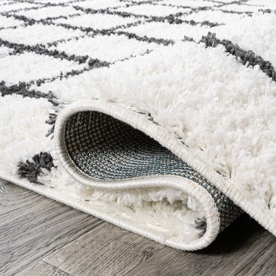 Ivory and Black Moroccan-Inspired Geometric Shag Rug