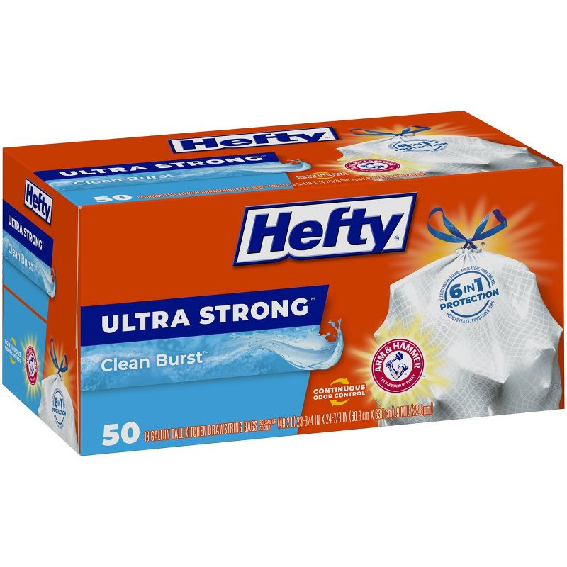 Hefty Ultra Strong Tall Kitchen Drawstring Trash Bags - Clean Burst Scent - 13 Gallon - 50ct, 3 of 9