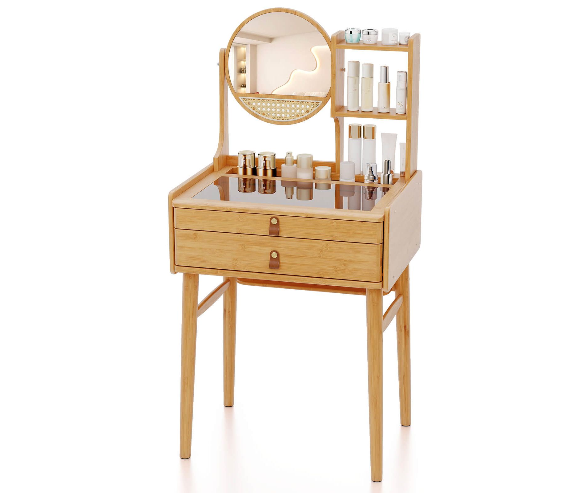 Costway 23.5" Compact Makeup Table with 2 Drawers Open Storage Shelves and Glass Top