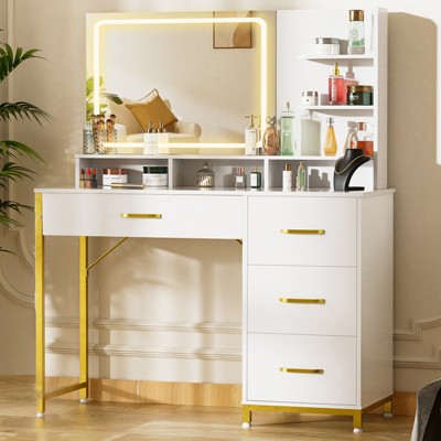 COMHOMA Modern Vanity Desk with Mirror and Lights, Makeup Table with 4 Drawers, Bedroom Dresser, White
