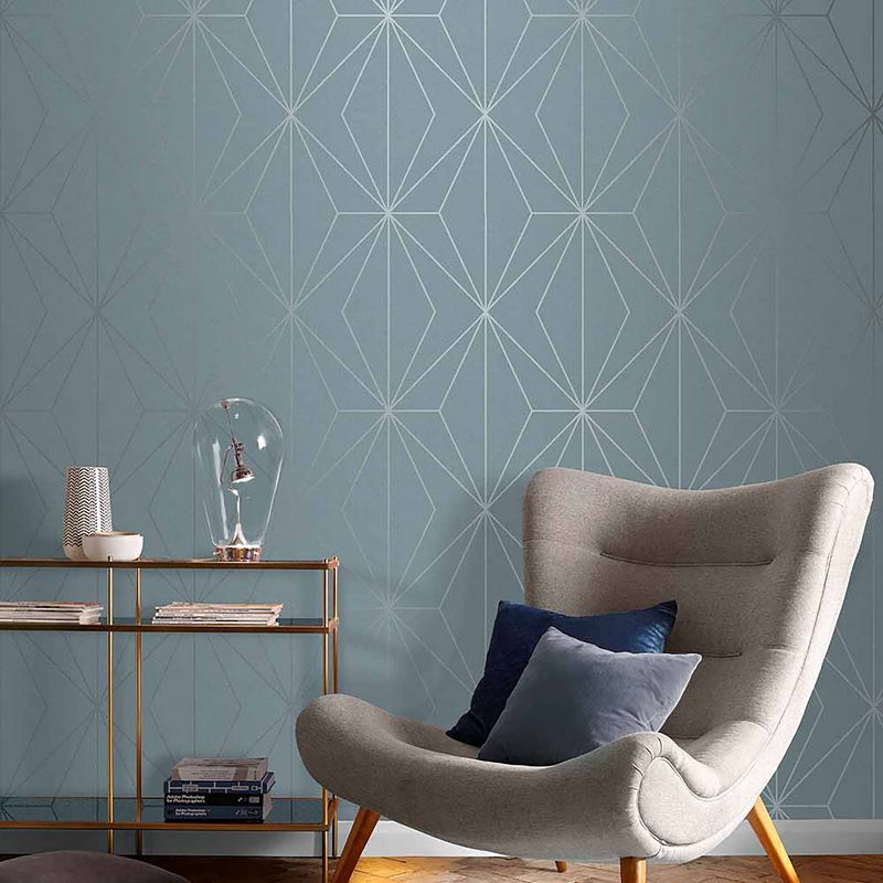 Harmony Deep Sky Blue and Silver Geometric Paste the Wall Wallpaper, 2 of 5