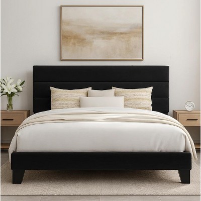 Bed Frame with Upholstered Headboard, Wooden Slats Support Black Mattress Foundation