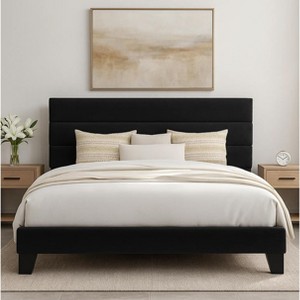 Bed Frame with Upholstered Headboard, Wooden Slats Support Black Mattress Foundation - 1 of 4