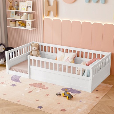 CAVINAS Kids Montessori Bed with Fence,Wood Floor Bed with High Guardrails Design,Twin/Full Size Toddler Bed for Bedroom Playroom,White/Gray/Brown