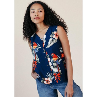 POPLINEN Ada Tropical Print Tank - Navy  Small