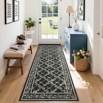 GustoWave Various sizes Floral Neutral Washable Hallway Low Pile Area Rug for Bedroom, Living Room, Black