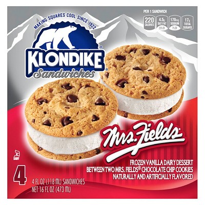 Klondike Ice Cream Mrs Fields Cookie Sandwich - 4pk