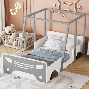 NicBex Twin Size Kids Montessori Bed with wheels and door Design,Car-shaped Floor Bed,Toddler bed for Bedroom Playroom,Gray/Black - 1 of 4