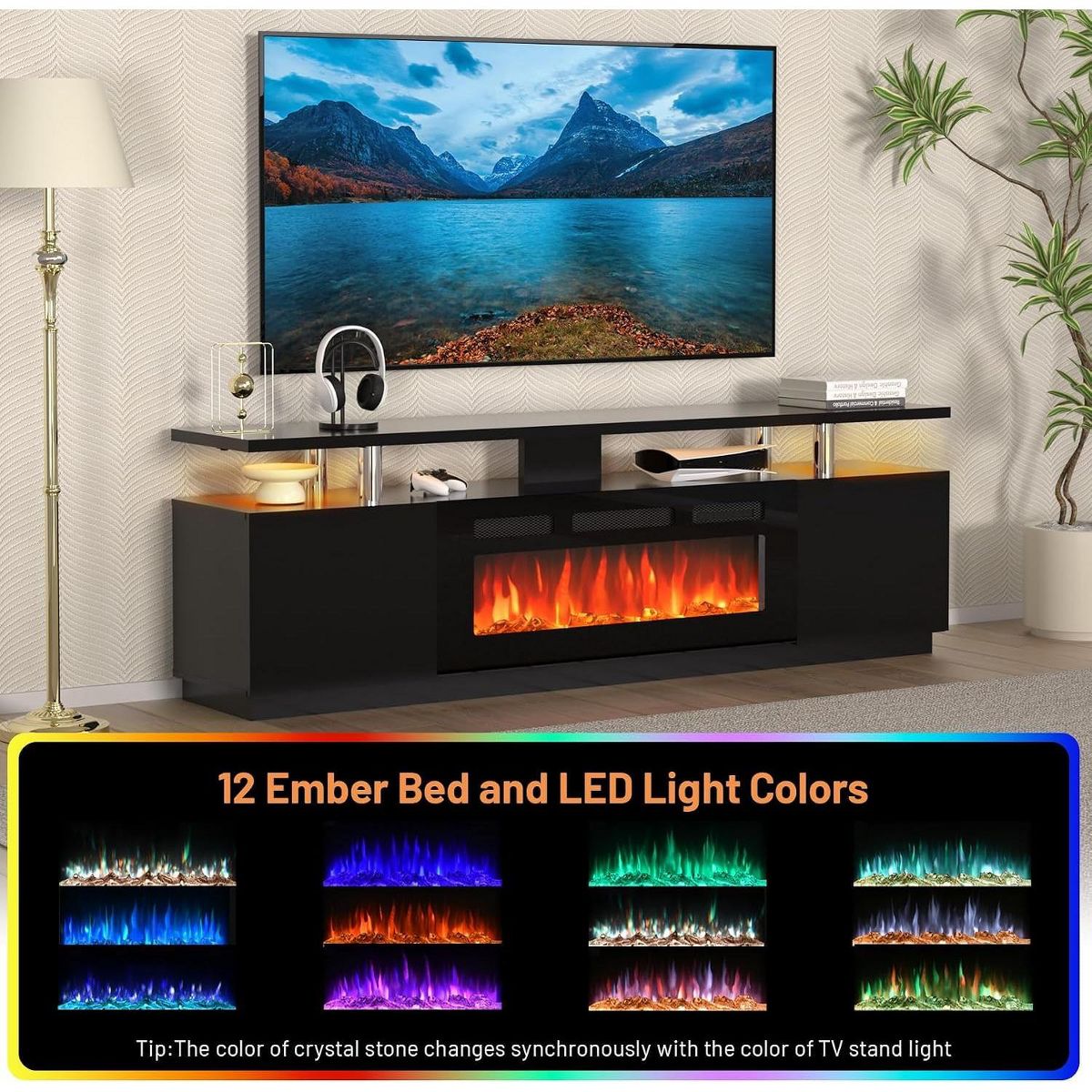 Garvee 80" TV Stand with 36" Elec. Fireplace, 12 Flame, 1500W, for 90" TVs
