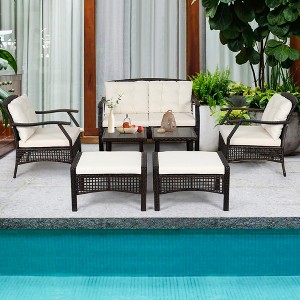 Costway 7PCS Patio Rattan Furniture Set Cushioned Sofas Loveseat Yard W/Waterproof Cover - 1 of 4