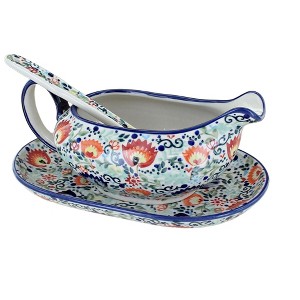 Blue Rose Polish Pottery S119 Manufaktura Gravy Boat Plate & Ladle - 1 of 2