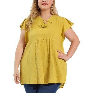 Agnes Orinda Women's Plus Size Cotton Flutter Sleeve Drawstring Flowy Summer Split V Neck Blouse - 1 of 4