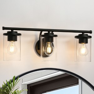 LNC Clytaemnestric Bathroom Vanity Light with Clear Cylinder Glass Shades, Matte Black, Matte Black and Gold, Modern, 3-Light - 1 of 4