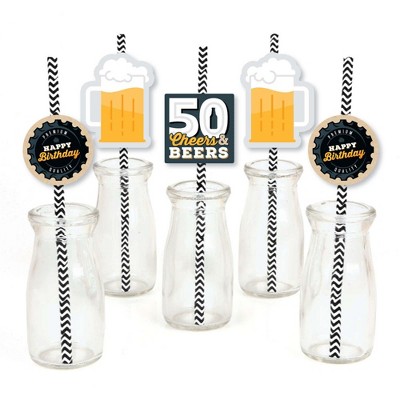 Big Dot of Happiness Cheers and Beers to 50 Years - Paper Straw Decor - 50th Birthday Party Striped Decorative Straws - Set of 24