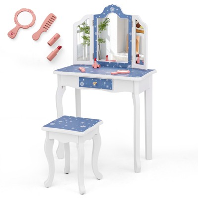 Infans Kids Vanity Set Toddler Makeup Table & Stool w/ Tri-folding Mirror Drawer