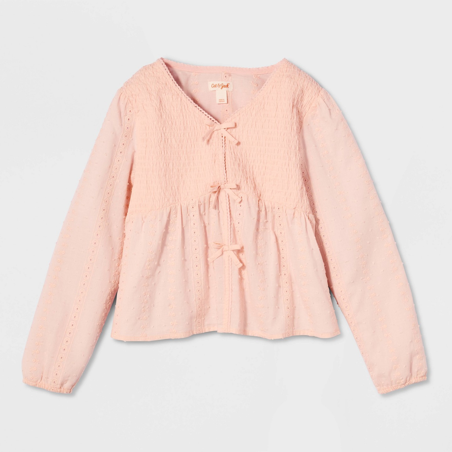 Блузка Cat & Jack Long Sleeve Tie-Front Eyelet Smocked Blouse для девочек, цвет: Розовый — фото 2