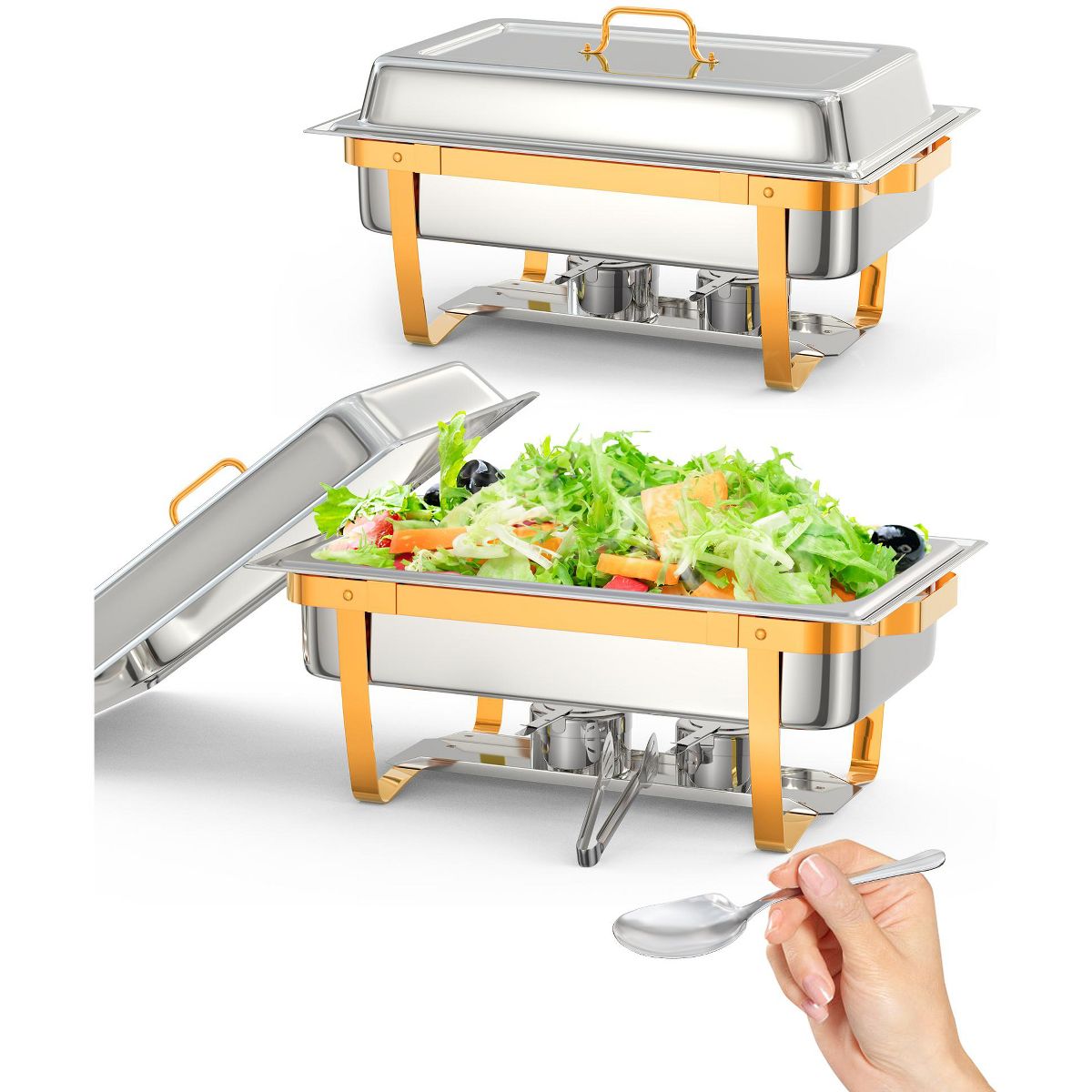 Garvee Gold Stainless Steel Chafing Dish Buffet Set – Rectangular Food Warmer with Lid Holder, Spoon & Tweezers – For Catering, Banquets, Parties