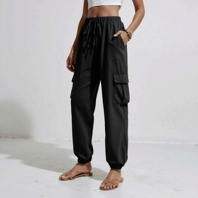 Knit & Lounge Women’s Cargo Jogger Pants Drawstring Waist Elastic Cuffs Utility Pockets Lightweight Woven Casual Bottoms