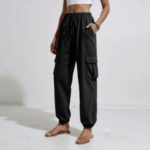 Knit & Lounge Women’s Cargo Jogger Pants Drawstring Waist Elastic Cuffs Utility Pockets Lightweight Woven Casual Bottoms - 1 of 4