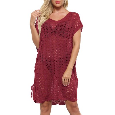 Cover Ups for Womens Bathing Suits Pointelle Knit Cap Sleeve Crochet Knit Bikini Sets Cover Up Dress with Thigh Slit Side Tie Beach Dress