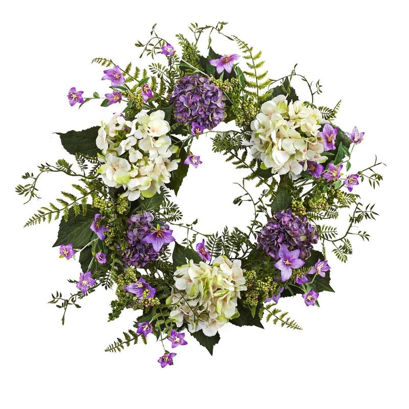 Nearly Natural 24” Artificial Hydrangea & Berry Wreath Lively Greens and Purple, 1 of 2