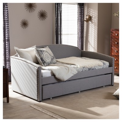 Gray Twin Linen Nailhead Trim Sleeper Daybed with Trundle